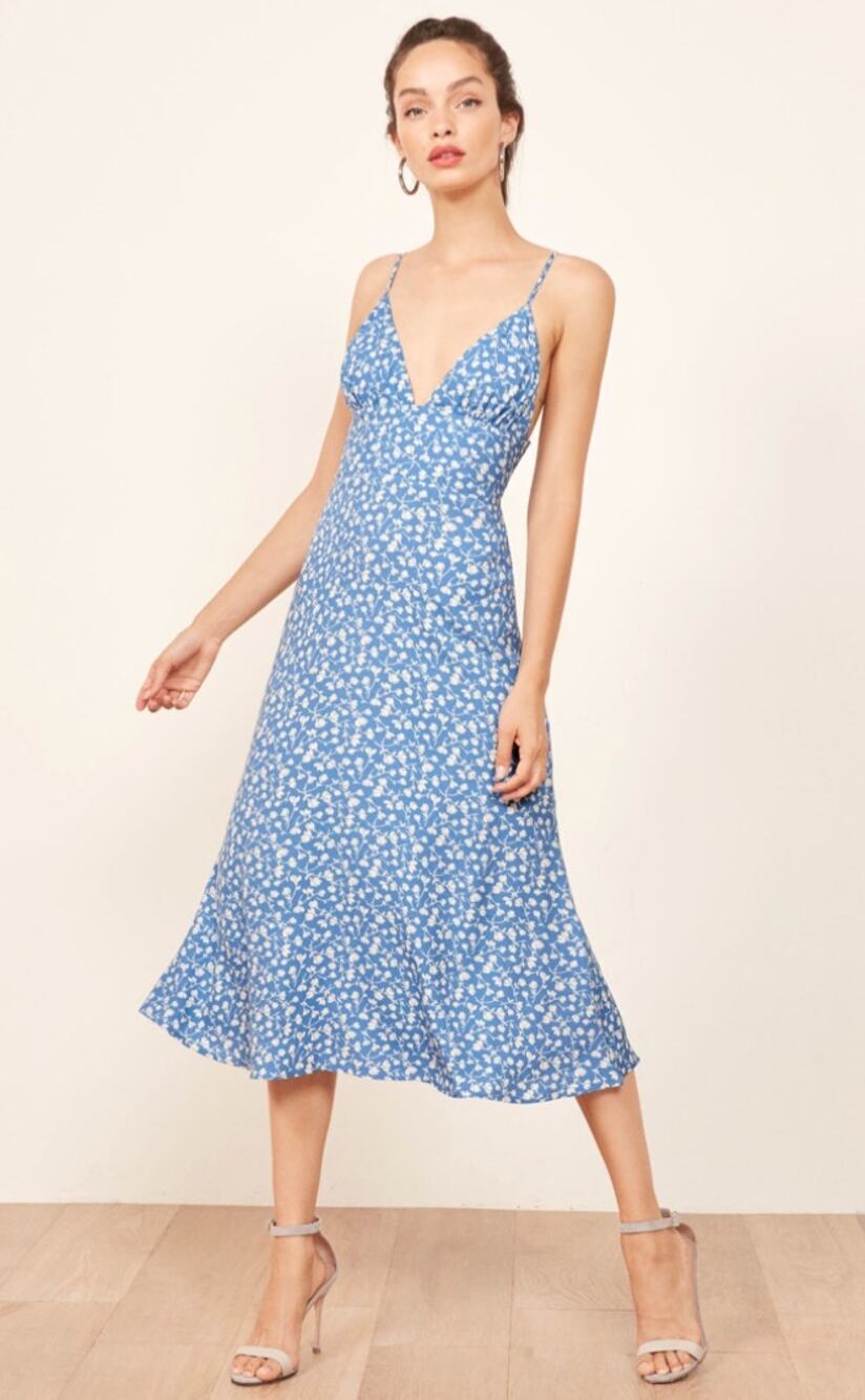 Reformation Dress 0 Talia in Marie Blue Floral Tie Strap Smocked Midi Cute Chic